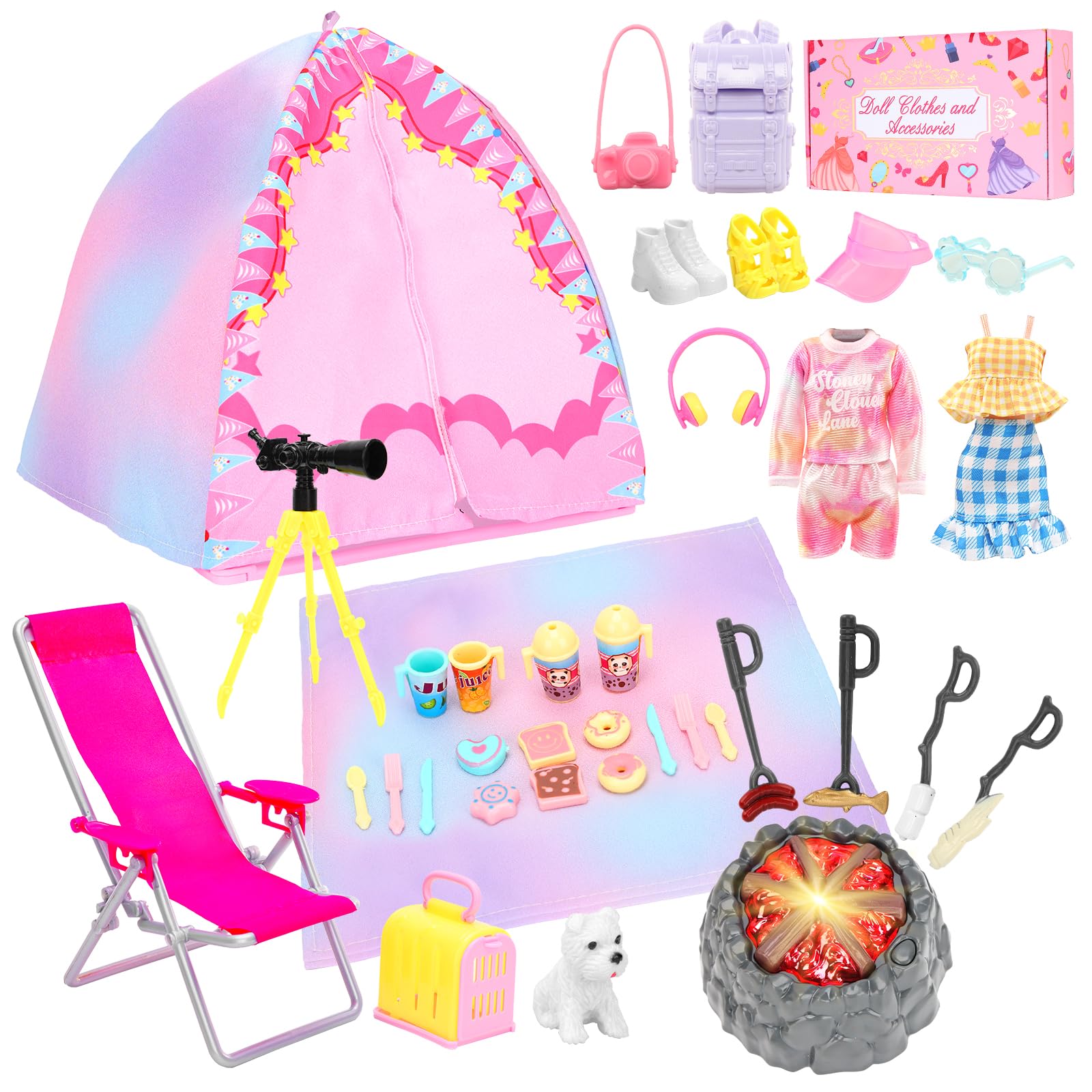 BARWA 35-pcs doll camping tent scene promotes imaginative play and storytelling.