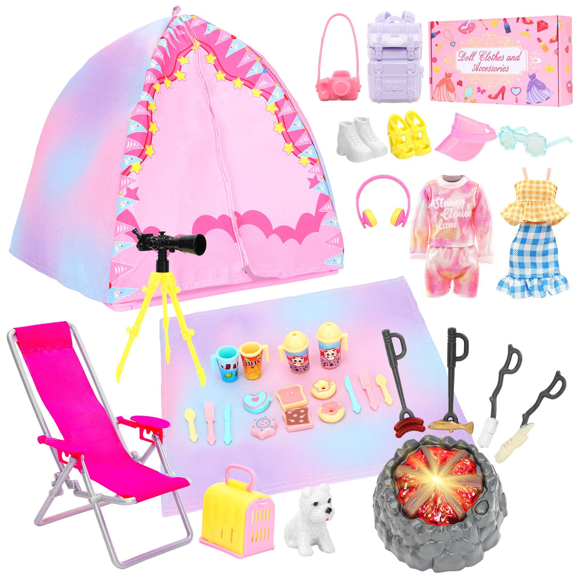BARWA 35-pcs doll camping tent scene promotes imaginative play and storytelling.