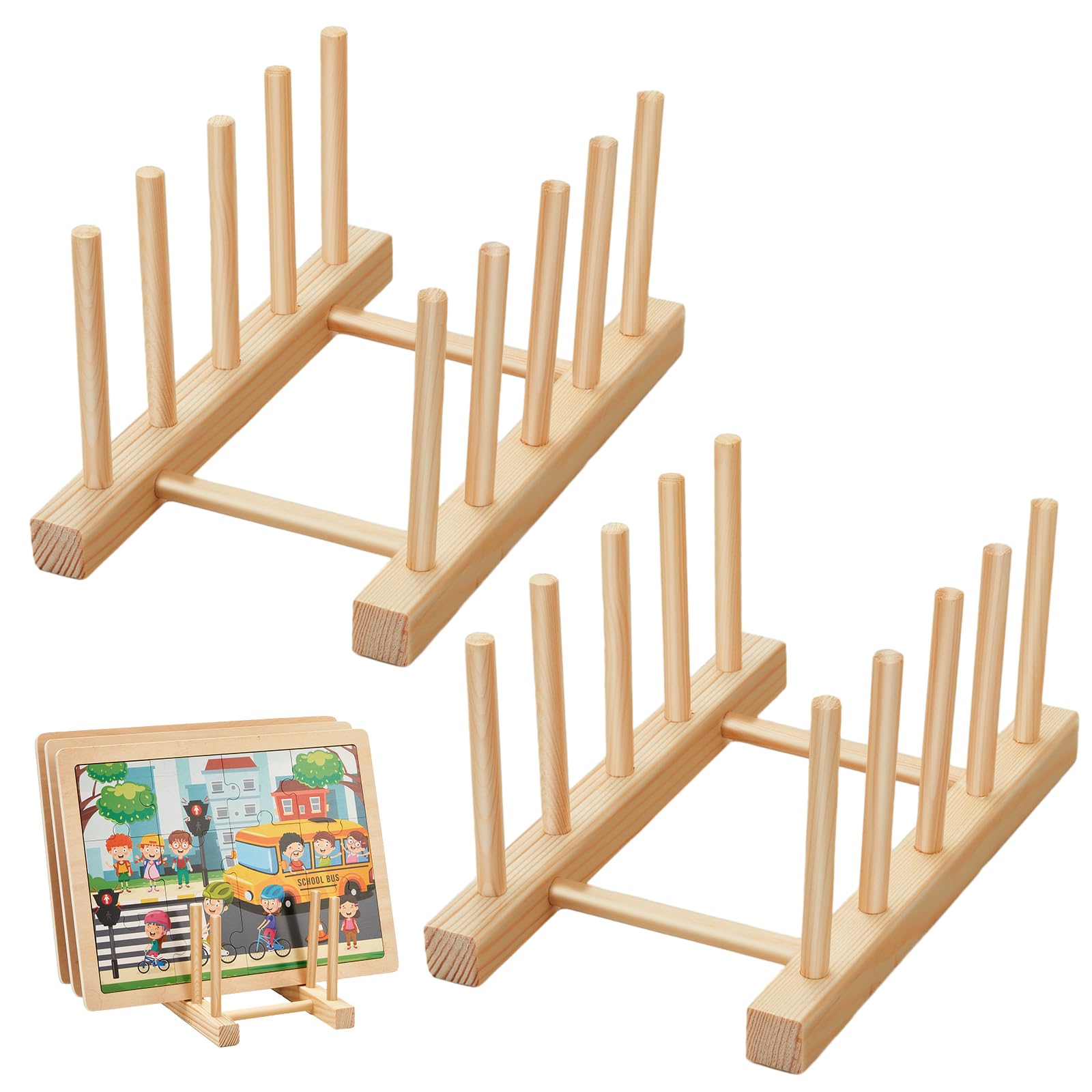 Barydat puzzle stand side view shows sturdy wooden design for tidy puzzle display.
