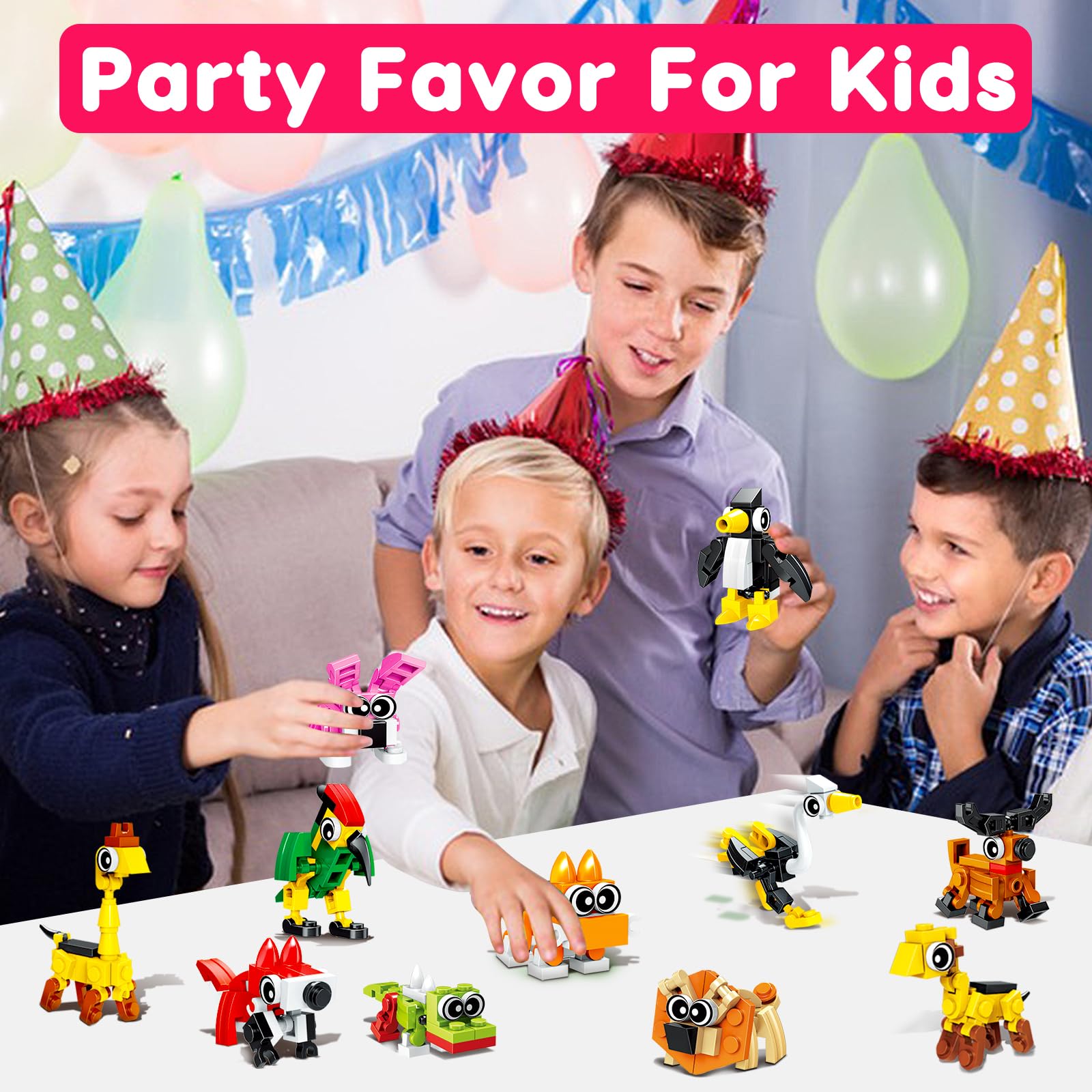 Basytodio animal mini building blocks—simple assembly for kids' party activities.