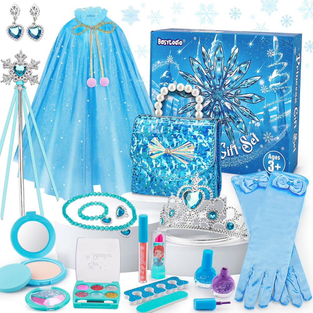 Basytodio Frozen princess set with cape, gloves, and wand for imaginative dress-up play.