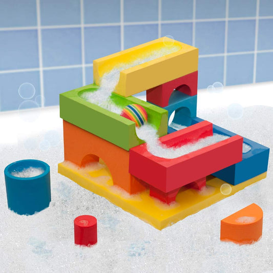 BathBlocks Ball Run Waterfall assembly setup in tub for imaginative STEM play