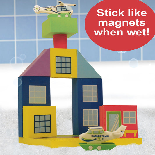 BathBlocks helicopter glides with bath water, sparking storytelling and fine motor exploration.