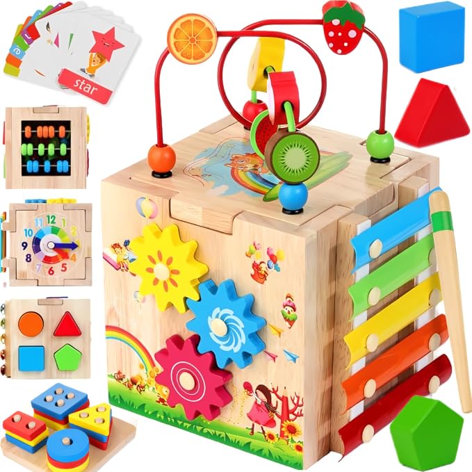 Batlofty 8-in-1 wooden activity cube front view highlights safe, engaging early learning.