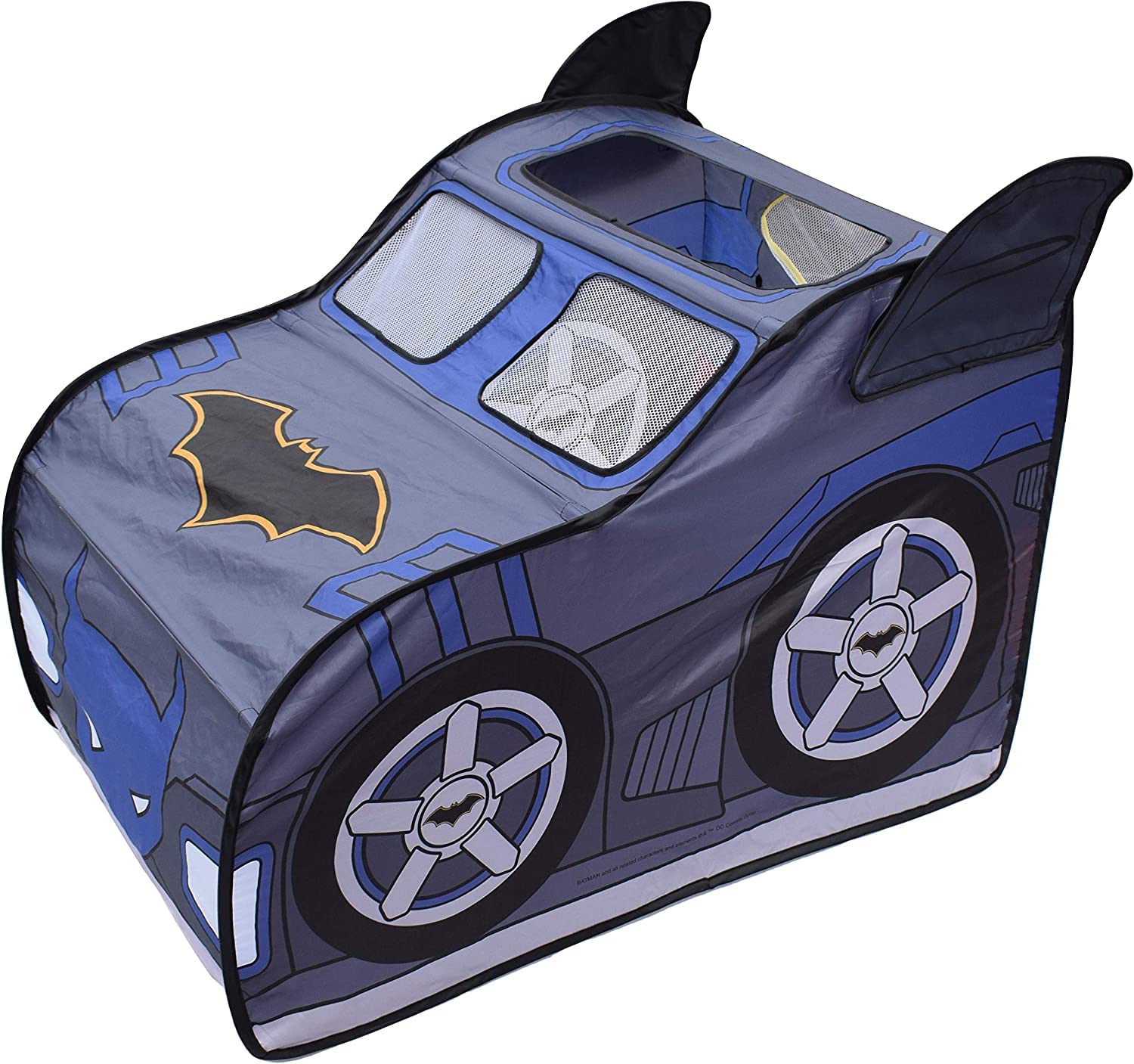 Batman Batmobile Pop-Up Tent front view for indoor Gotham adventures.