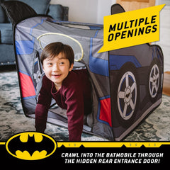 Batmobile Pop-Up Tent poles inserted for sturdy playhouse structure.