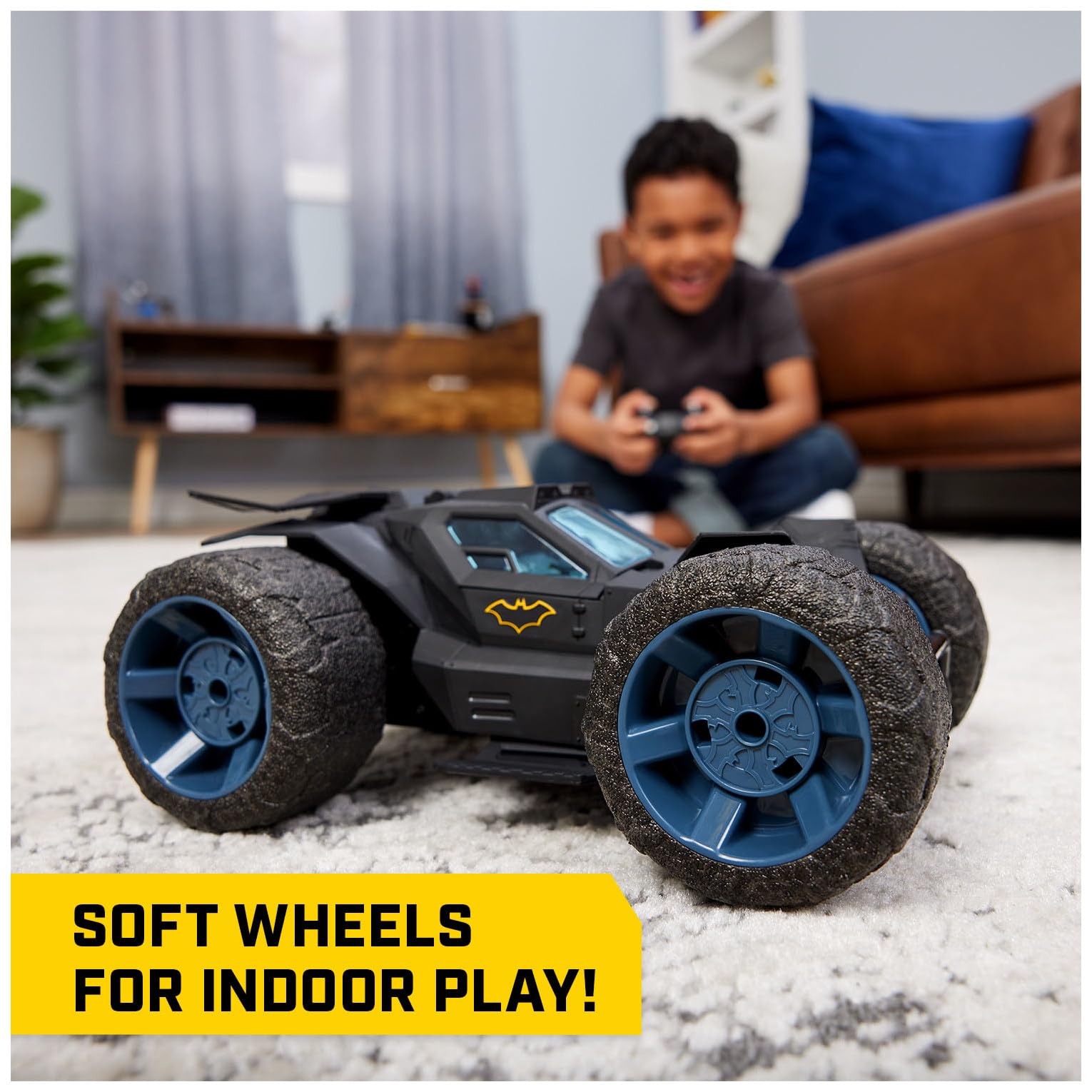 Dual motor four-wheel drive powers over varied indoor surfaces