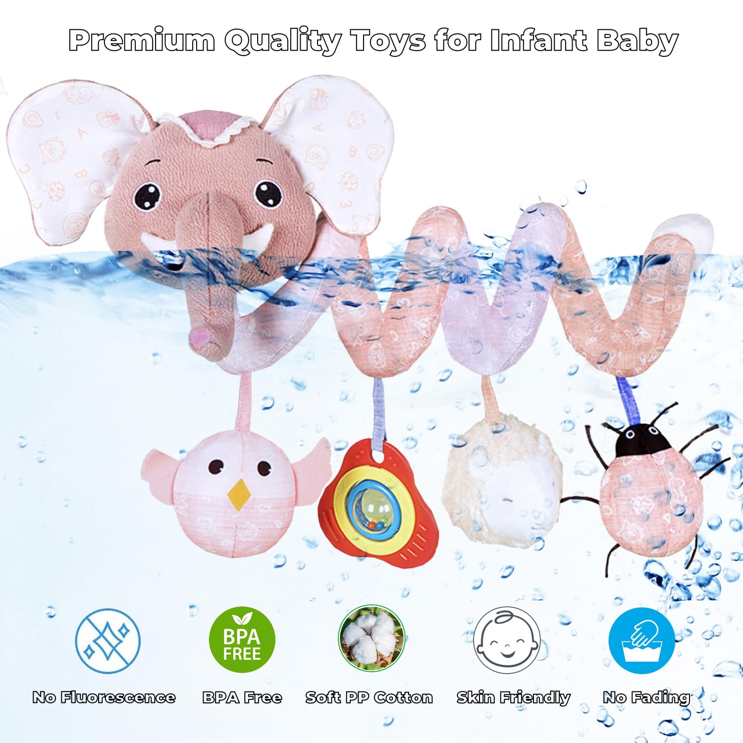 BATOHO Pink Elephant Car Seat Toy: attaches easily to strollers and cribs for soothing play.