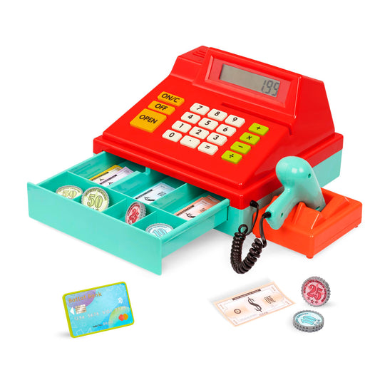 Battat toy cash register with scanner; lifelike checkout experience for kids.
