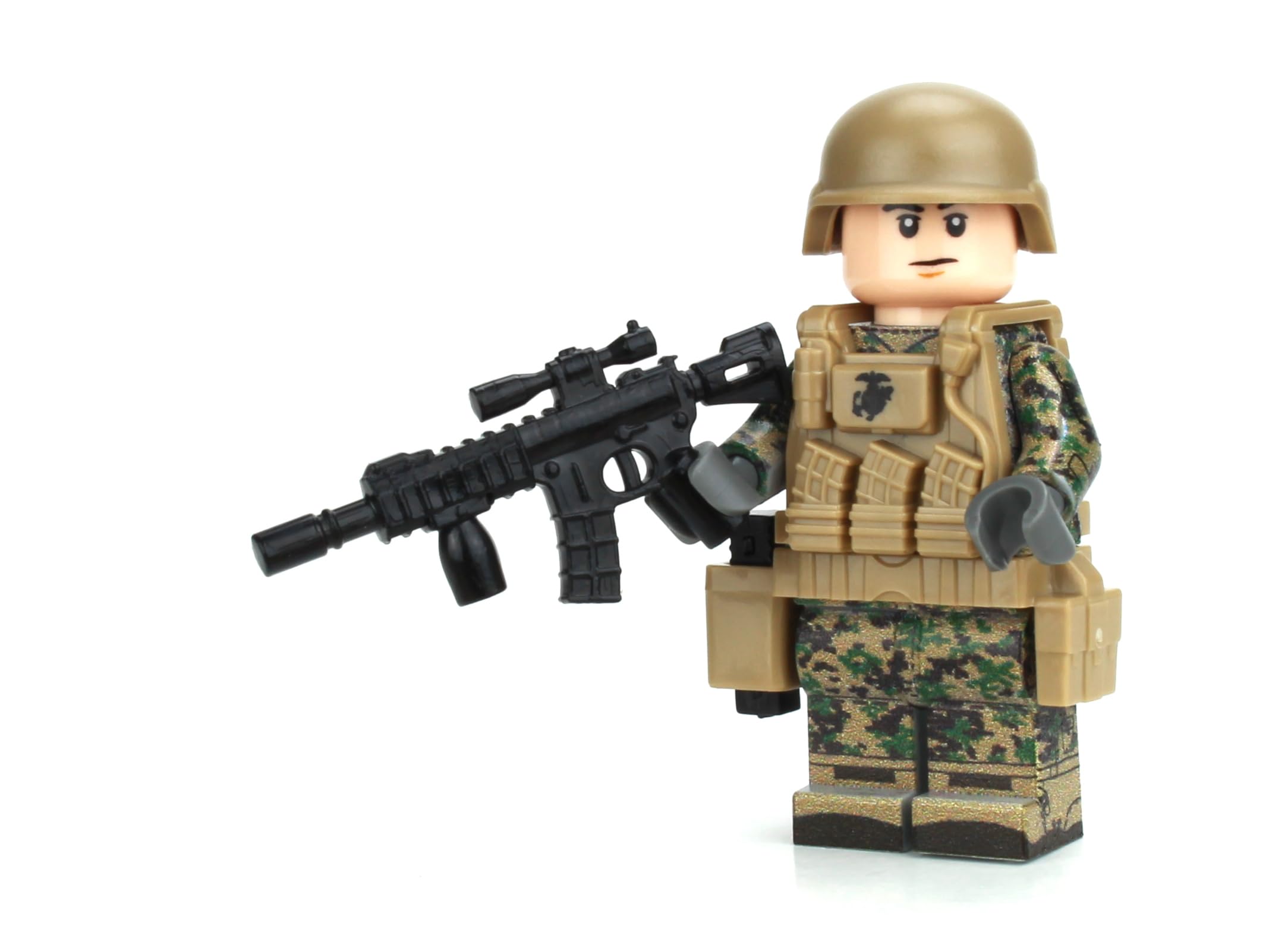 Battle Brick Marine Corps Infantry Woldnad MARPAT figure front view with full camo pattern.
