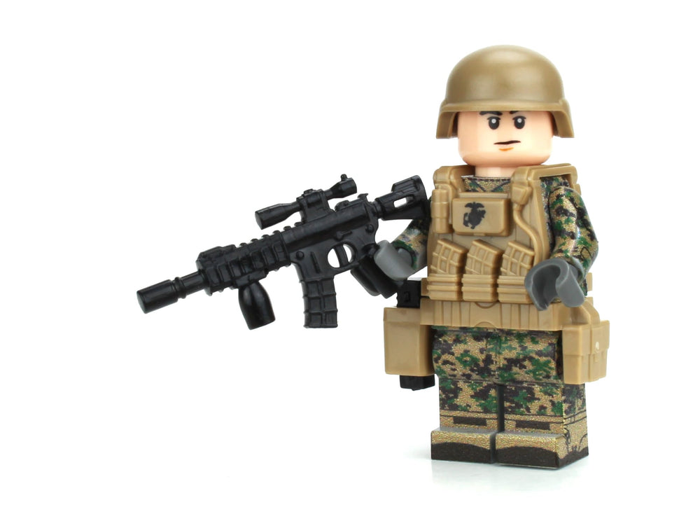 Battle Brick Marine Corps Infantry Woldnad MARPAT figure front view with full camo pattern.