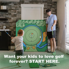 Battle Golf practice-space setup in a living room enables year-round training.