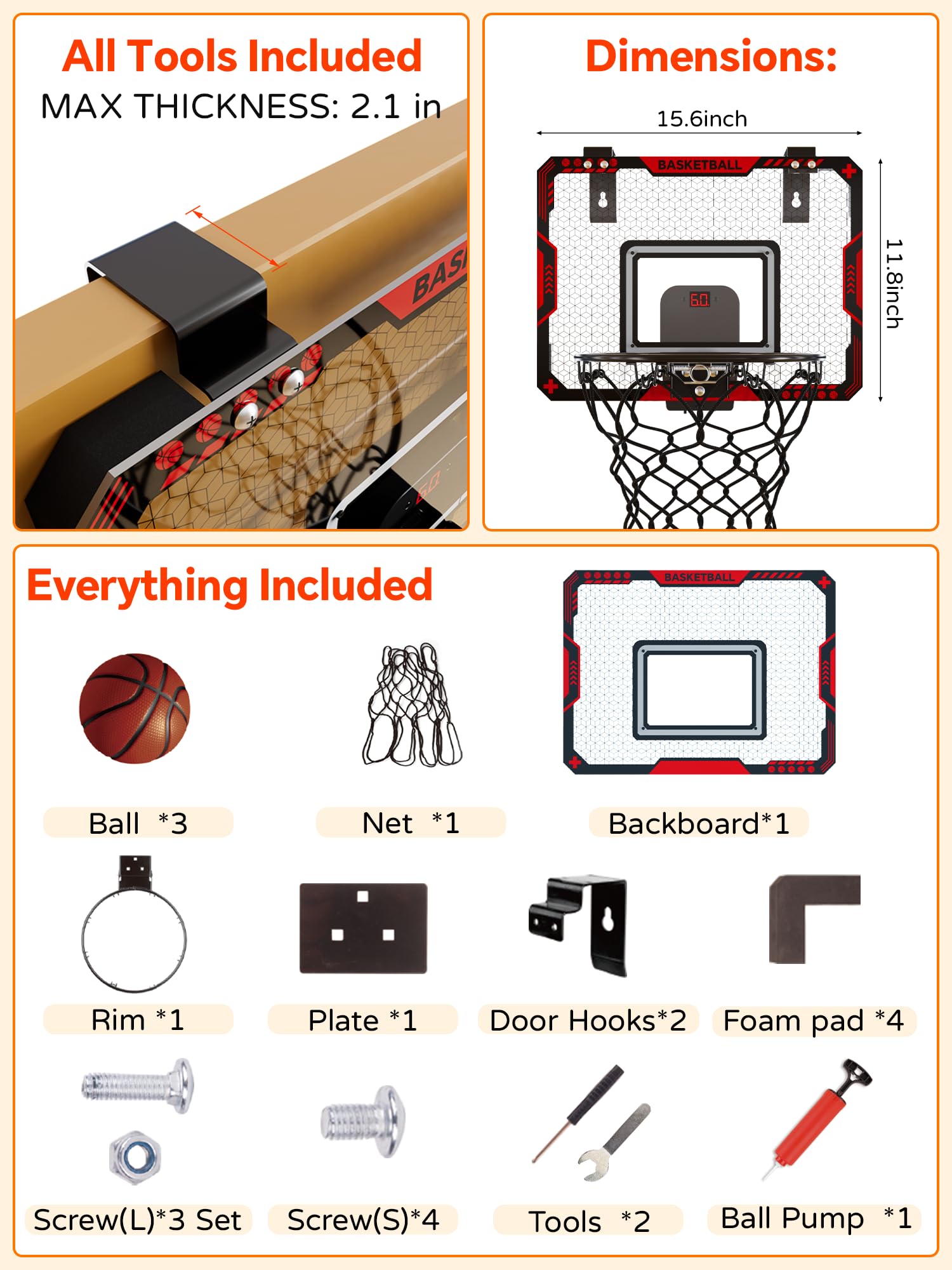 BATURU door-compatible hoop fits most doors up to 2.1 inches thick.