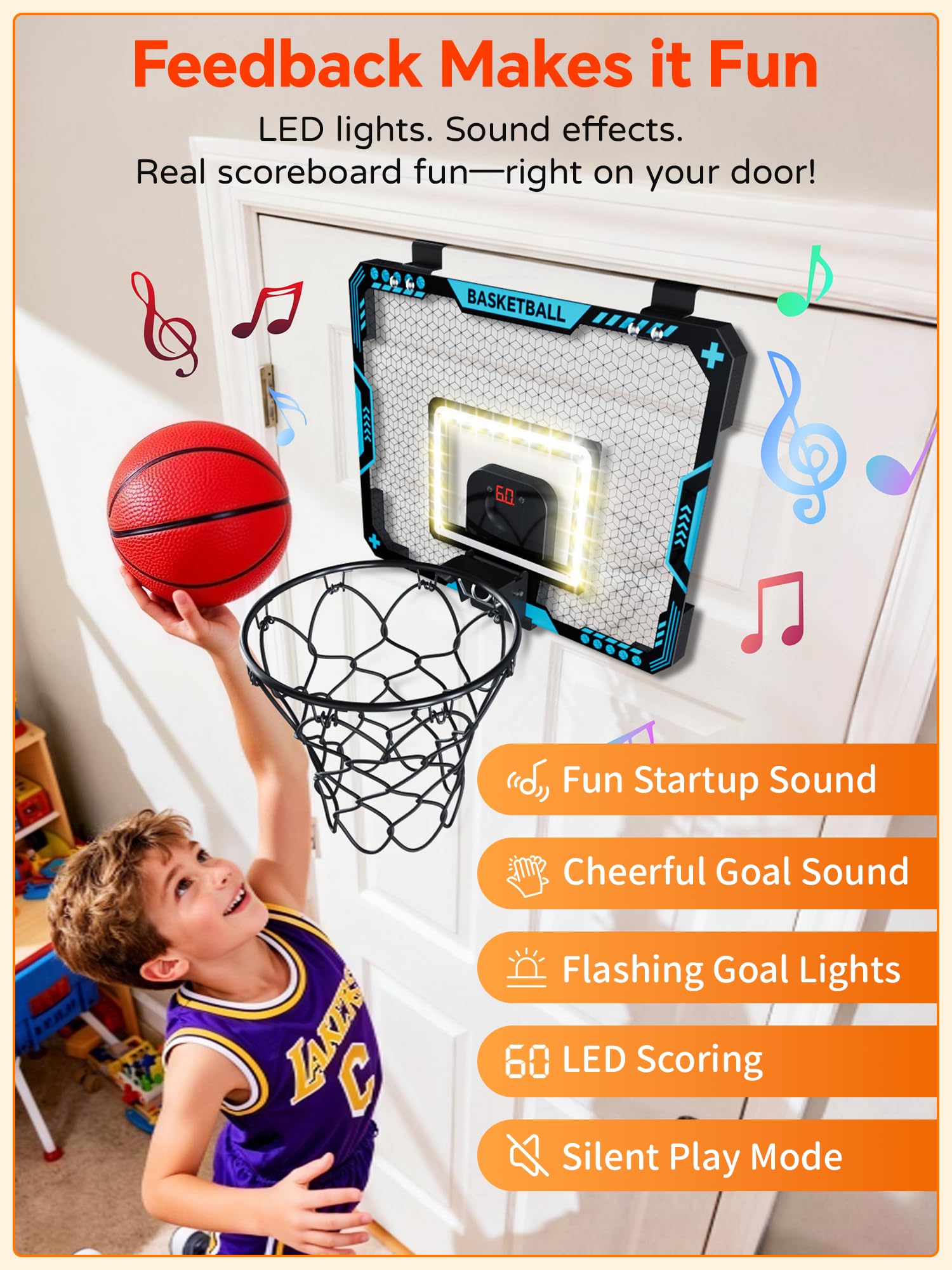 Door-safe padding and foldable rim on BATURU hoop protect doors during play