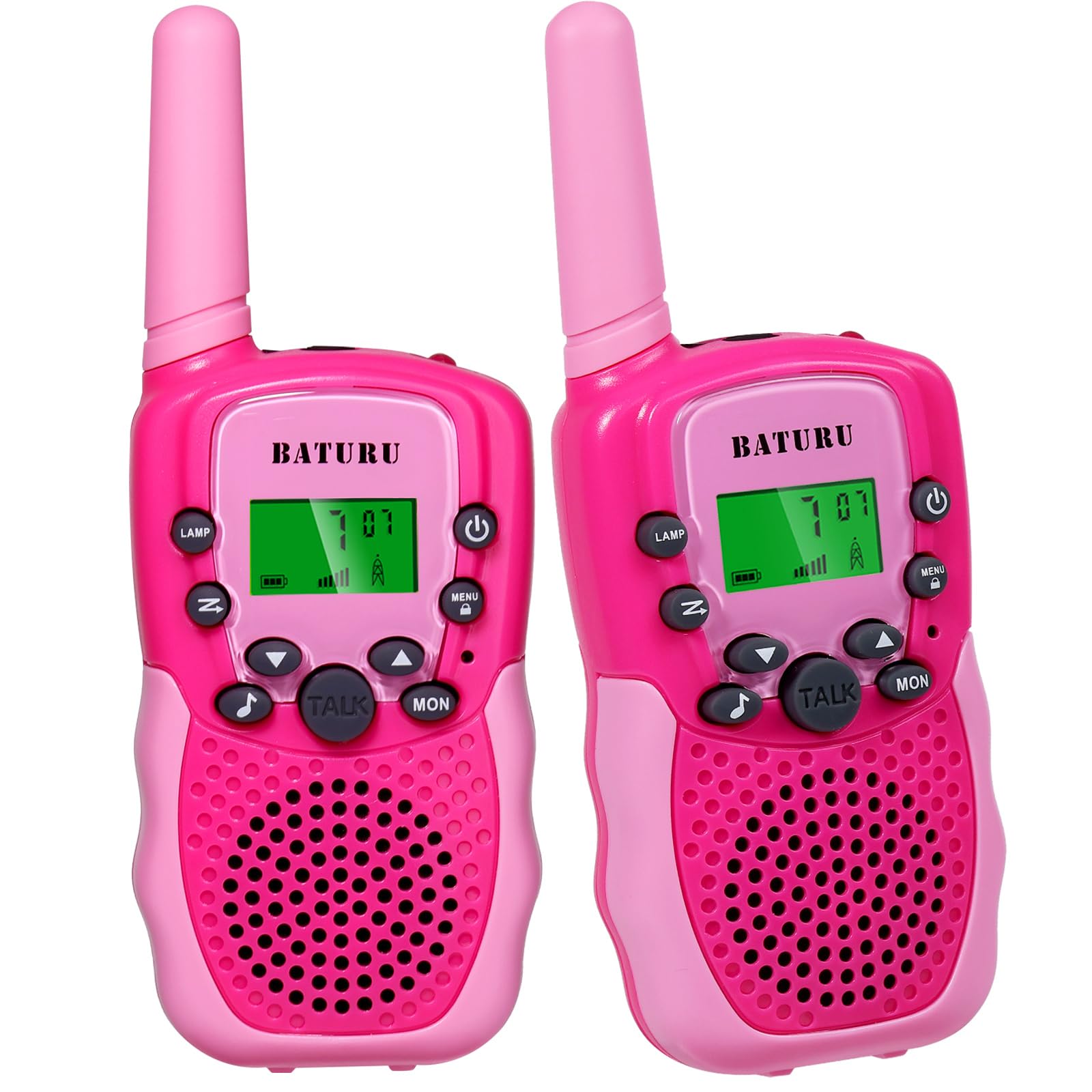 BATURU pink front view of kids walkie talkies, compact and easy for outdoor play.