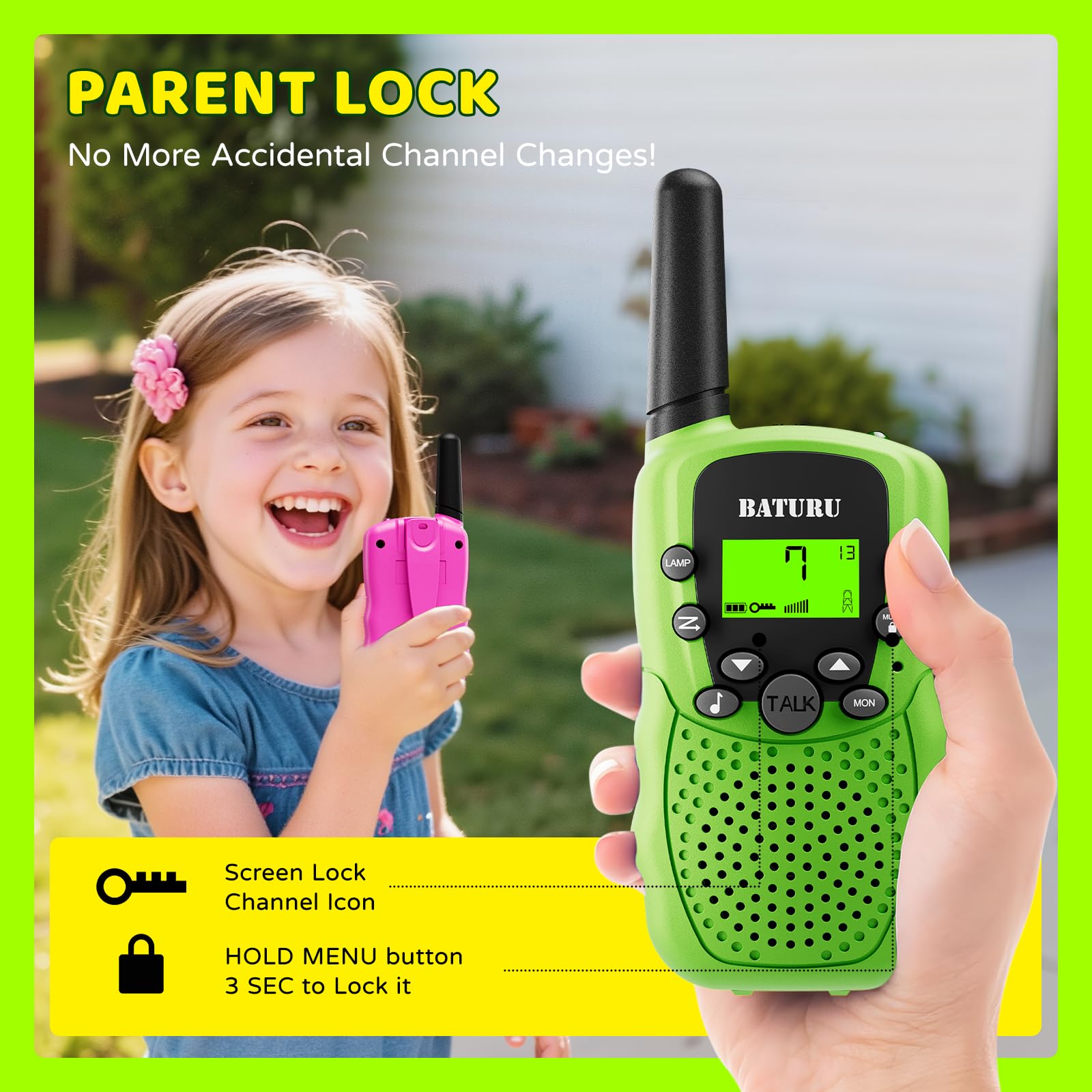 BATURU walkie talkie keypad lock to prevent accidental changes during play.