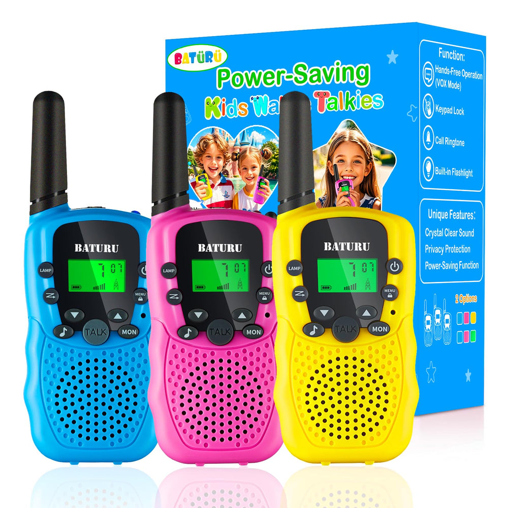 BATURU kids walkie talkies with 3-mile range for safe backyard adventures.