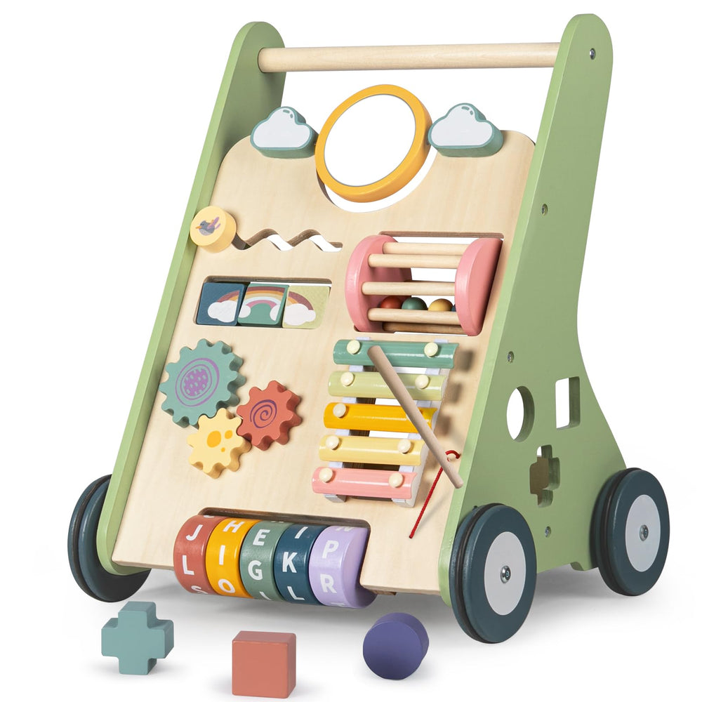 Bautia wooden baby walker with interactive panel supports early exploration and coordination.