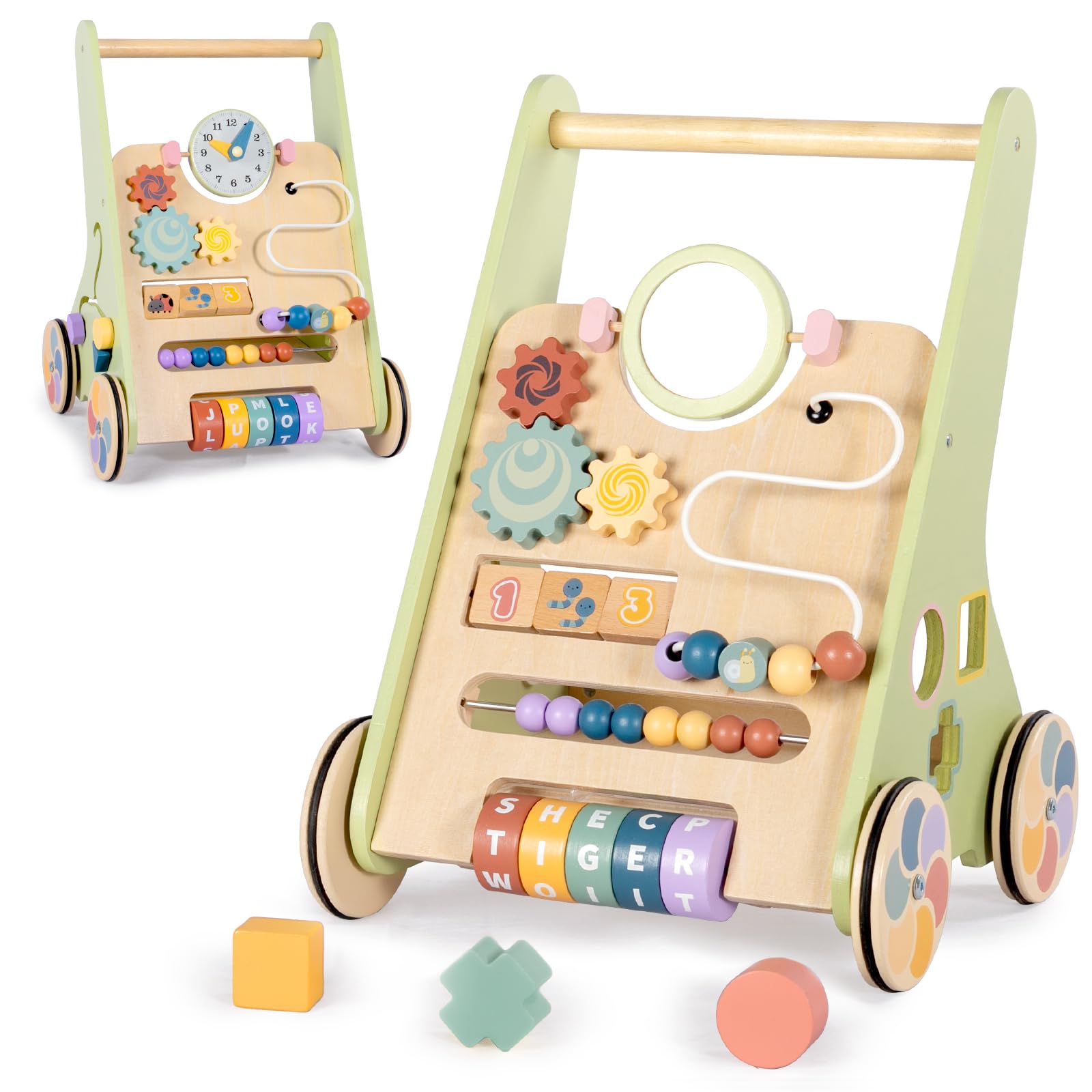 Bautia wooden baby walker panel with interactive features for early learning.