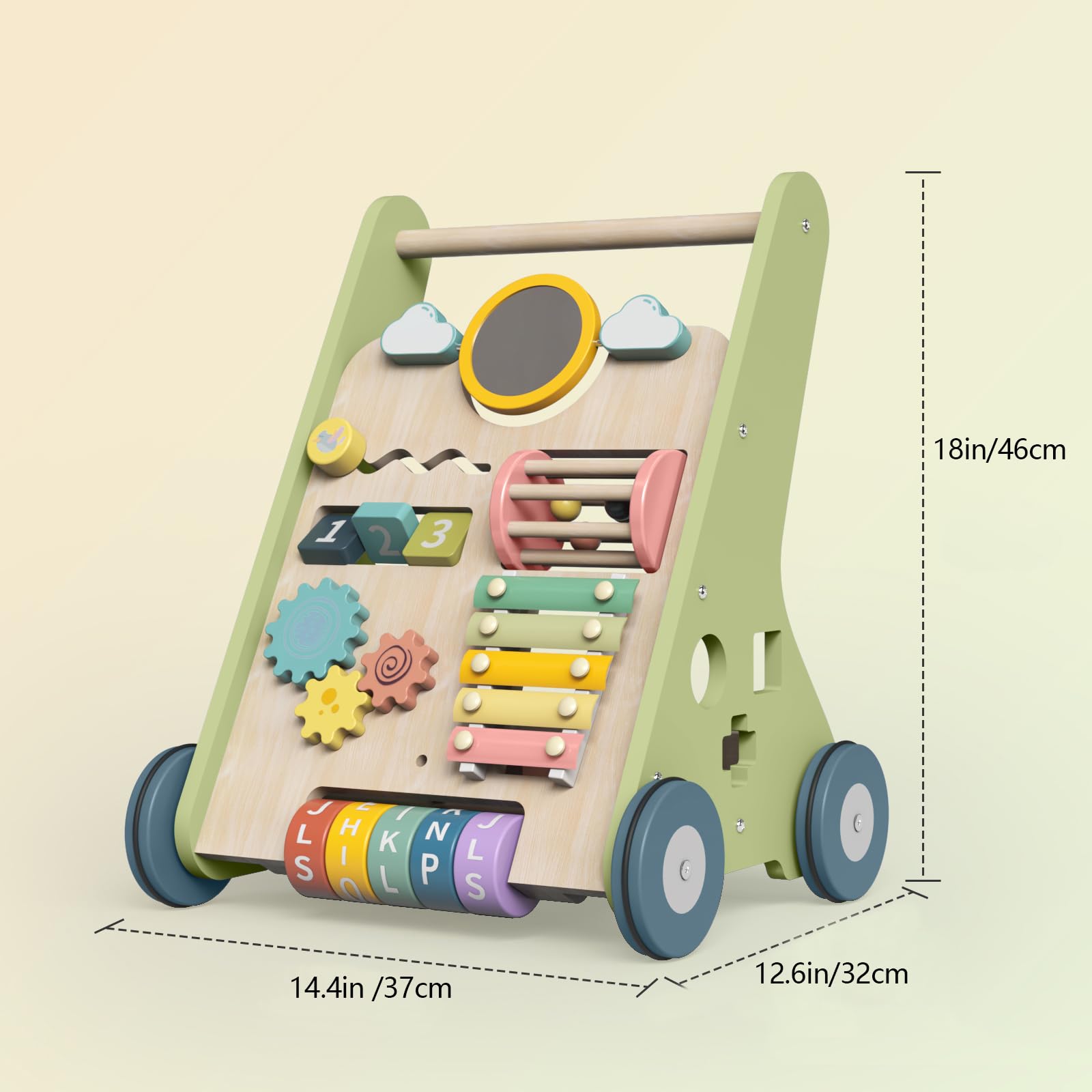 Bautia walker with silent rubber wheels protects floors while babies learn to walk.