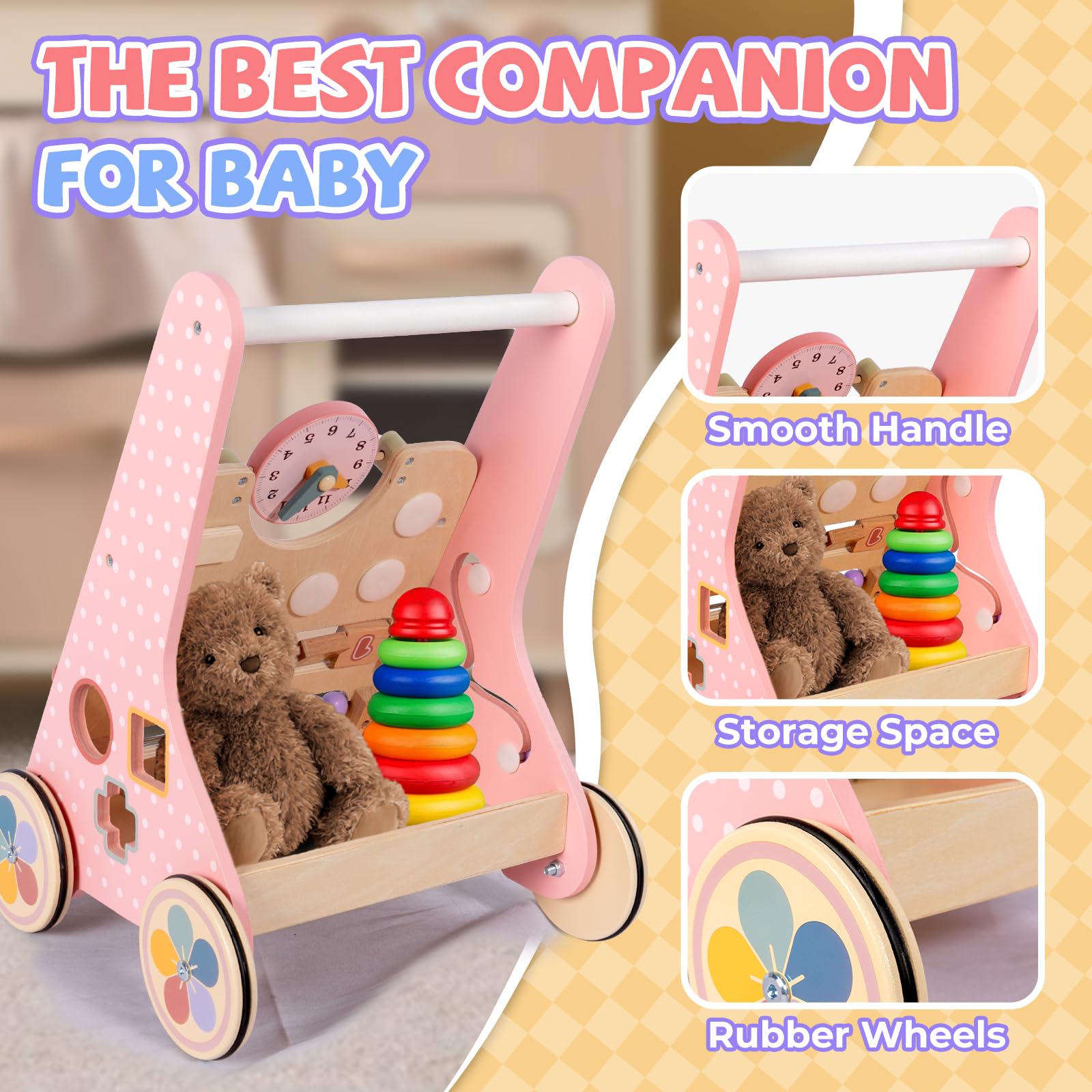 BAUTIA wooden walker storage basket carries favorite toys during walks