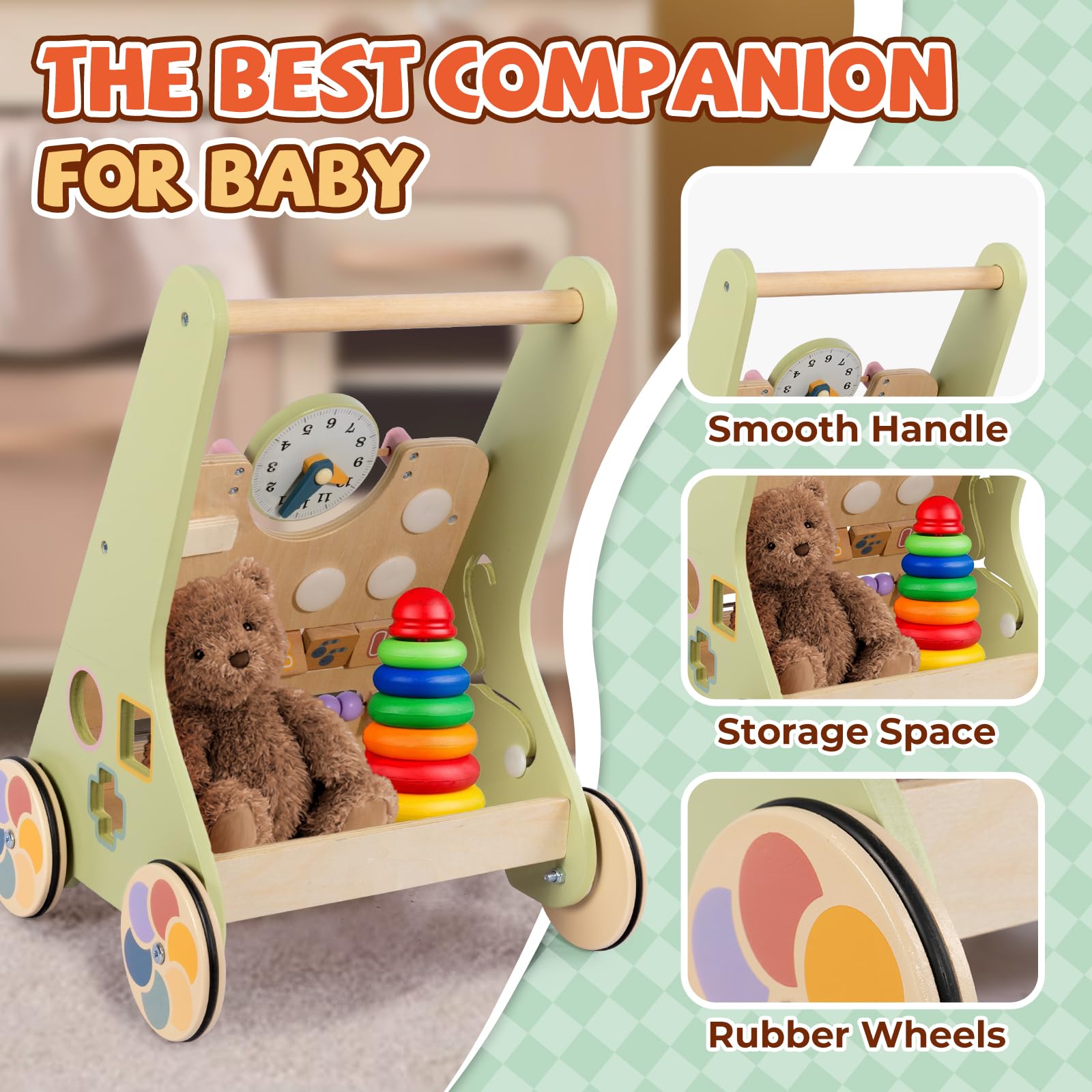 Bautia built-in storage basket holds small toys during walks.