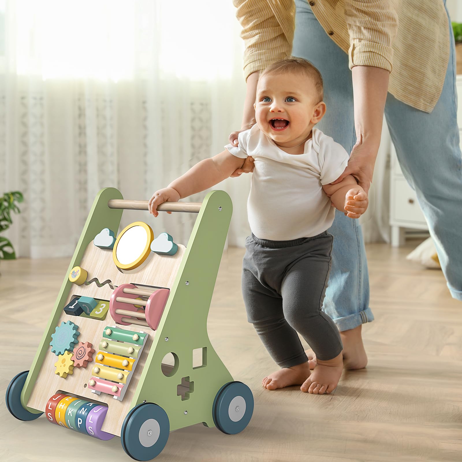 Bautia wooden walker with tracking game engages focus and balance practice.