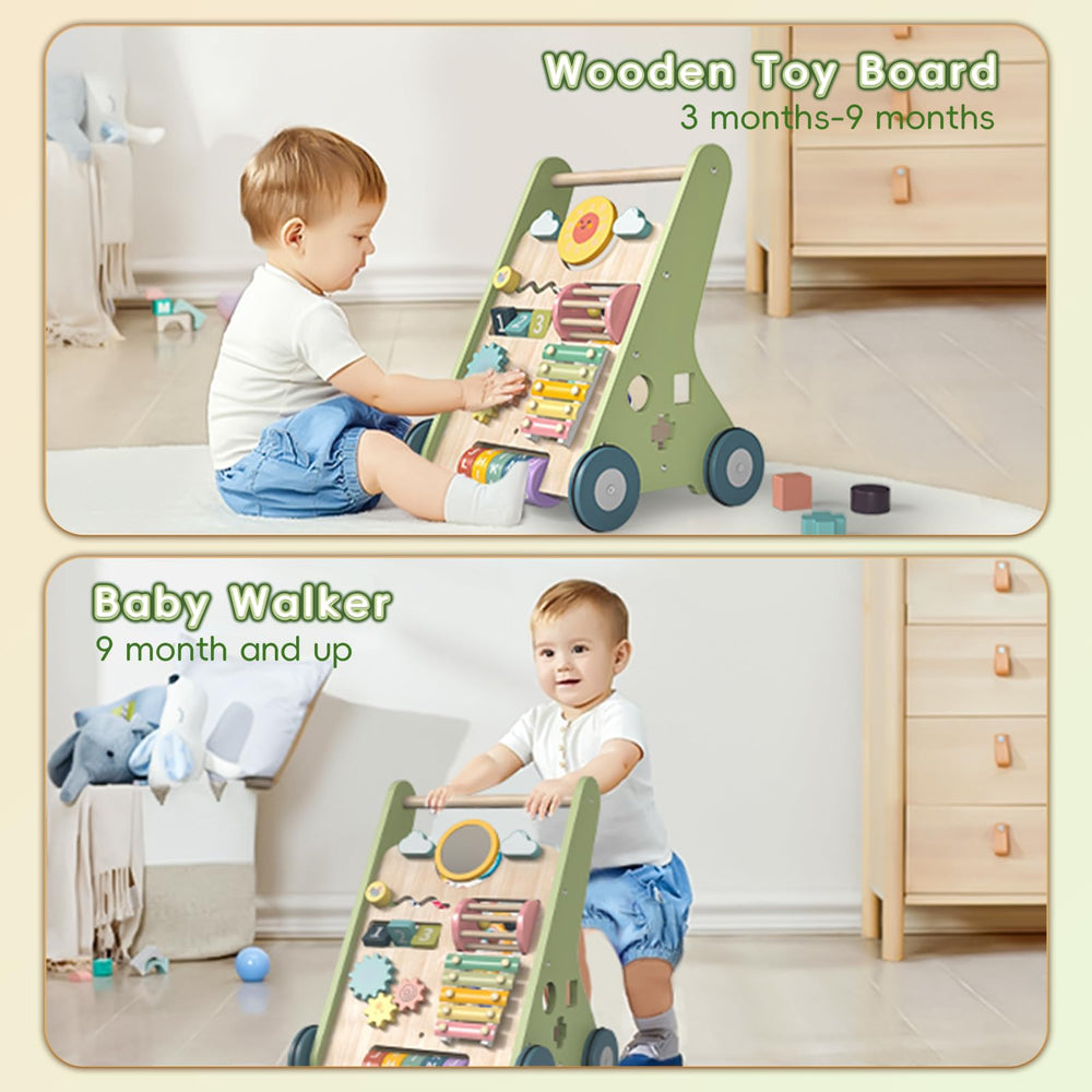 Bautia wooden walker features a bright xylophone for sensory play during first steps.