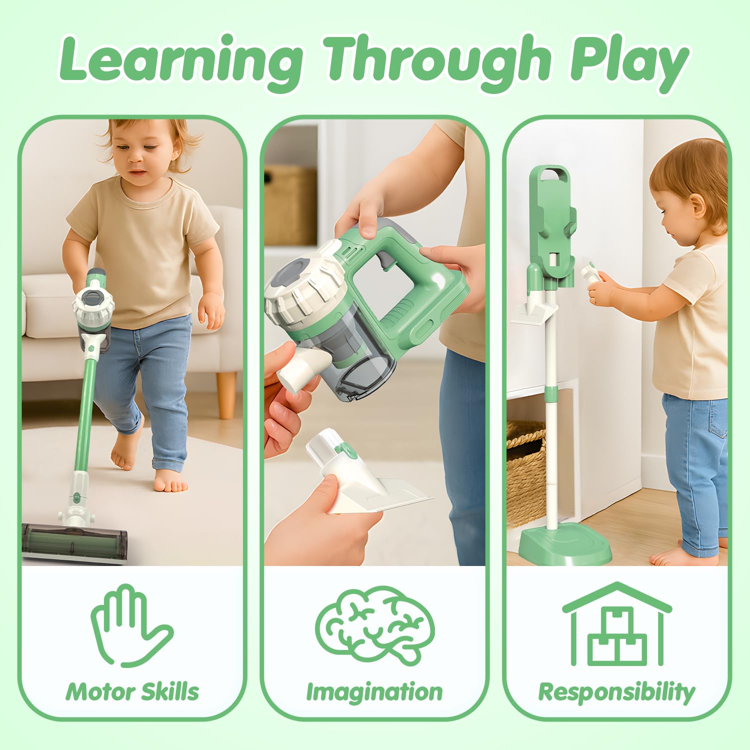 Baymi 3-in-1 vacuum shows interchangeable nozzles for varied pretend tasks.