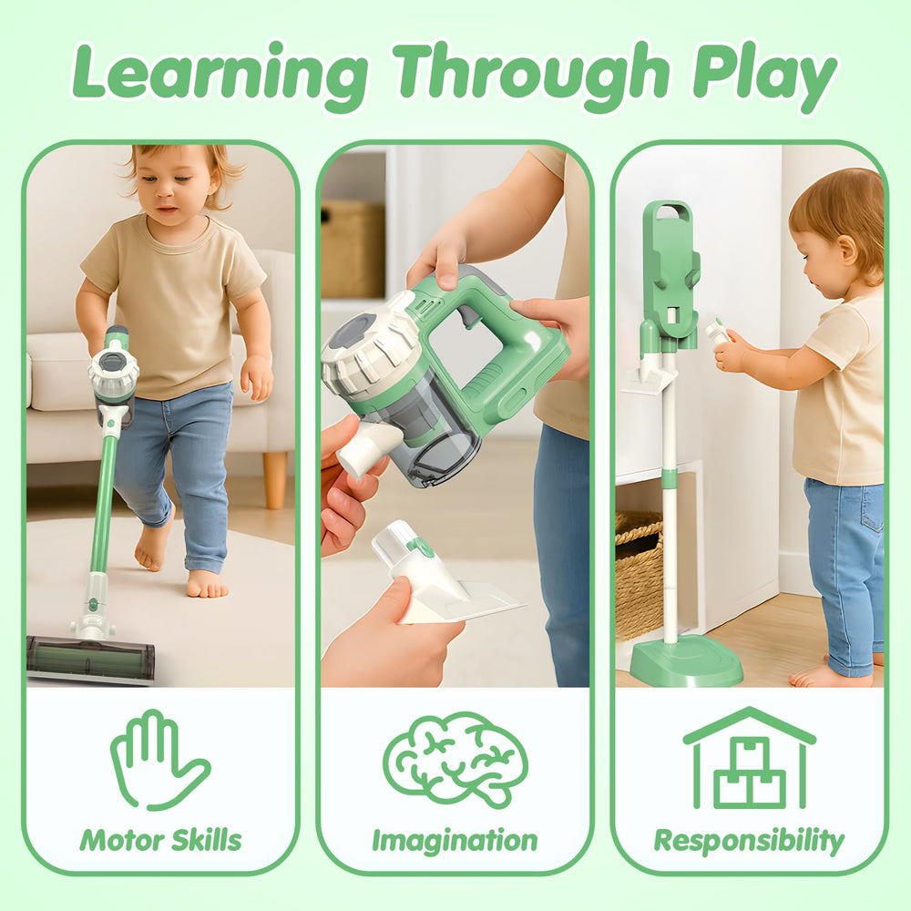 Baymi 3-in-1 vacuum shows interchangeable nozzles for varied pretend tasks.