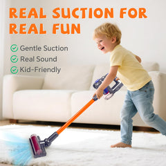 Baymi vacuum showcases interchangeable nozzles for varied pretend tasks and motor skill practice.