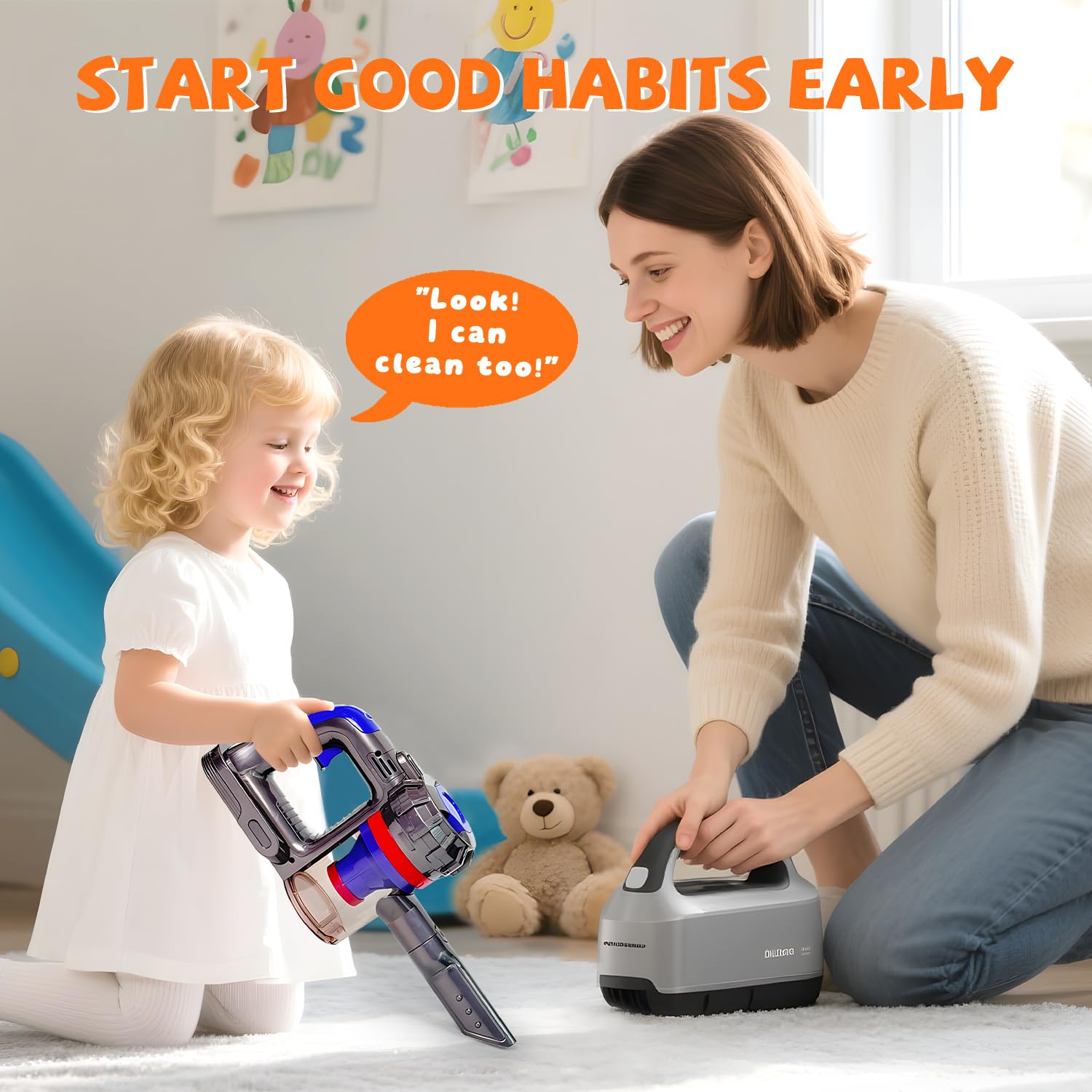 Built-in storage rack keeps accessories organized after pretend cleaning sessions.