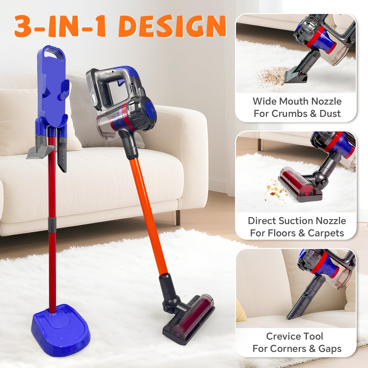 The lightweight Baymi vacuum fits small hands for easy, independent play.