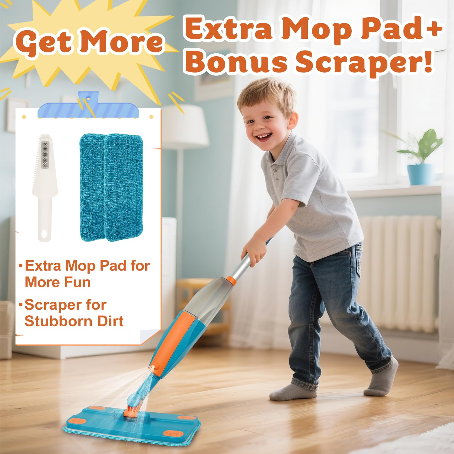 BAYMI Kids Spray Mop requires no batteries for instant play