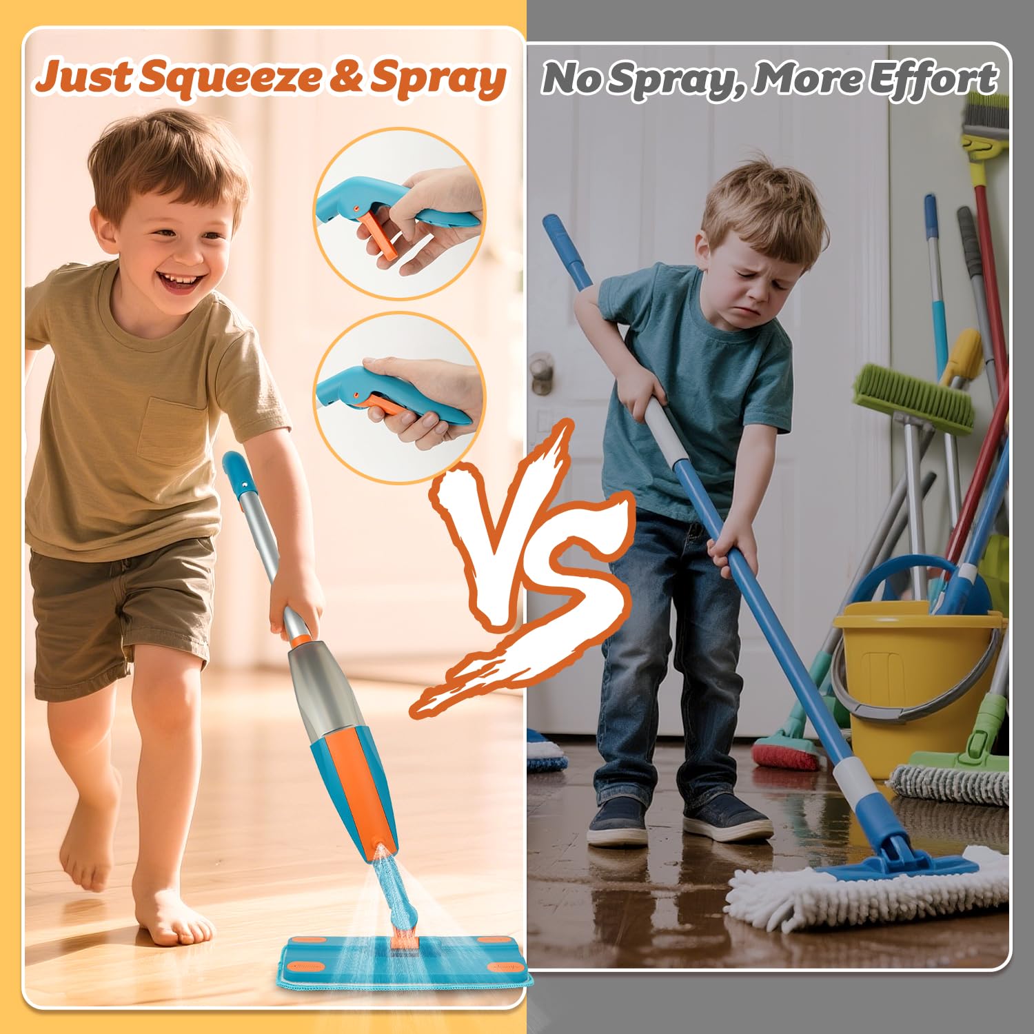 BAYMI Kids Spray Mop swivel head in motion during playtime