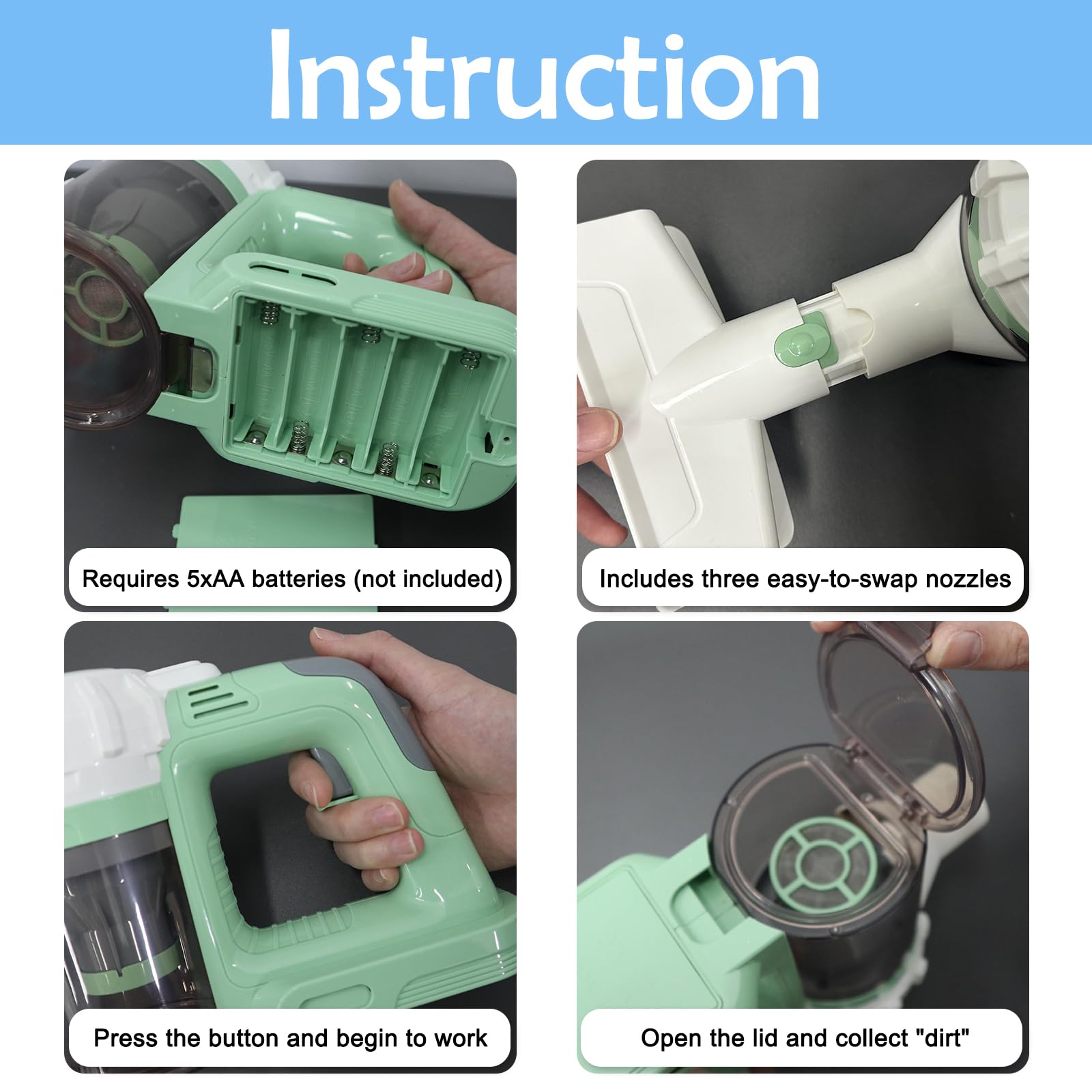 BAYMI kids vacuum broom-dustpan view supports versatile pretend tasks.