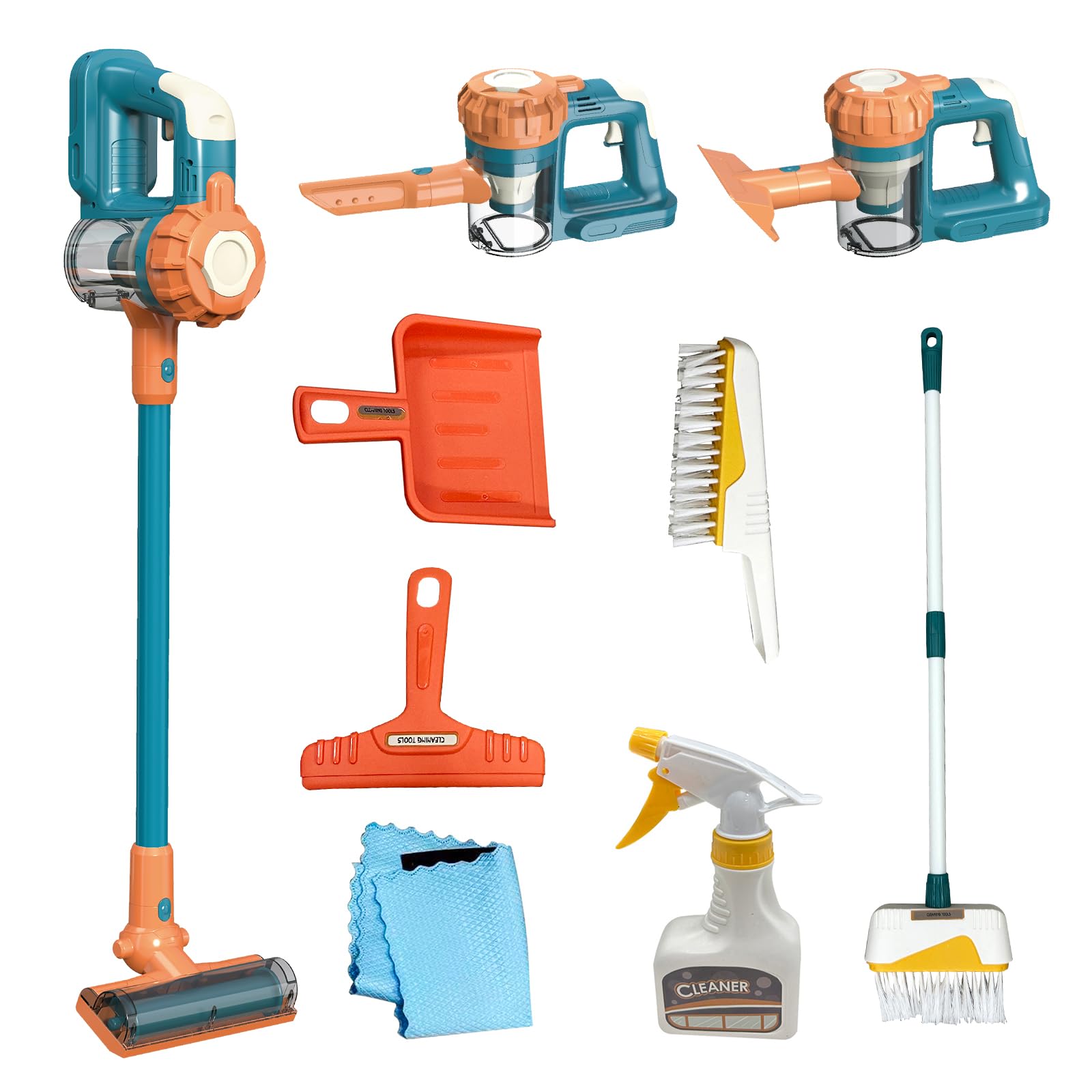 Baymi Kids Vacuum Works 9pcs set provides realistic cordless cleaning for pretend play.