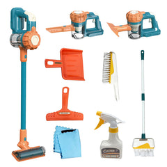 Baymi Kids Vacuum Works 9pcs set provides realistic cordless cleaning for pretend play.