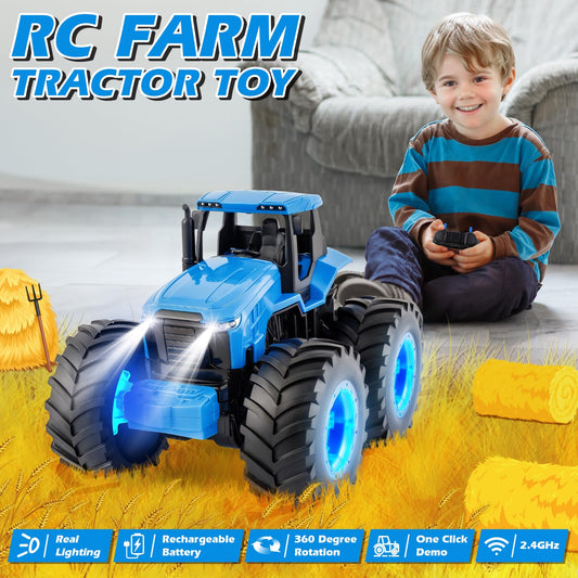 BAYSING RC monster tractor side view shows glow tires for all-terrain fun.