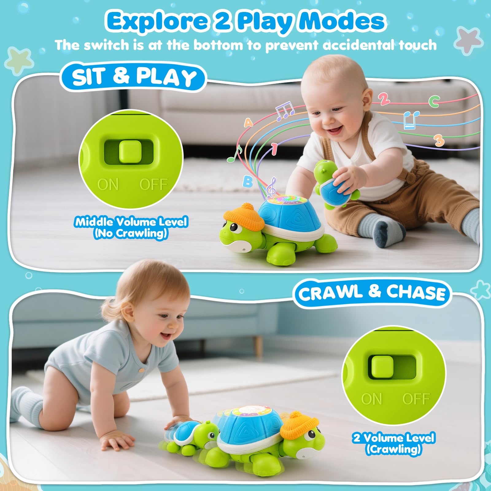 BAYSING learning-mode turtle shows numbers, colors, and sounds