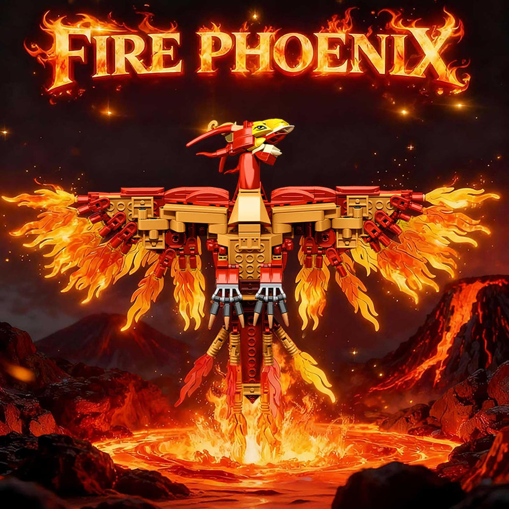 BBEUU Moc Fire Phoenix with extended wings, a captivating bookshelf display.