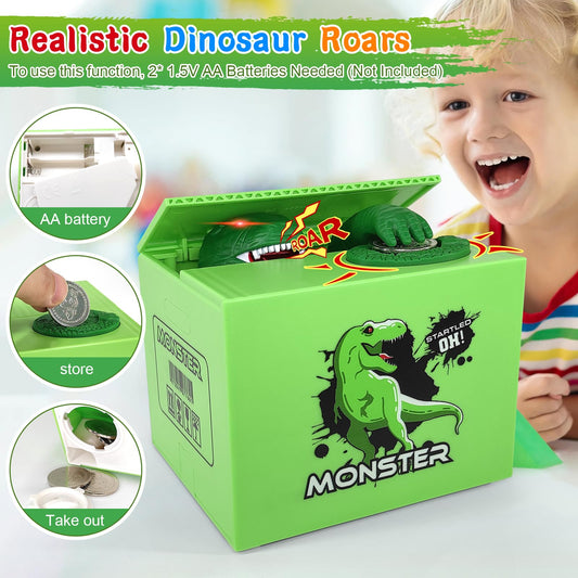 BBGISHO piggy bank shows dinosaur head rising during coin theft