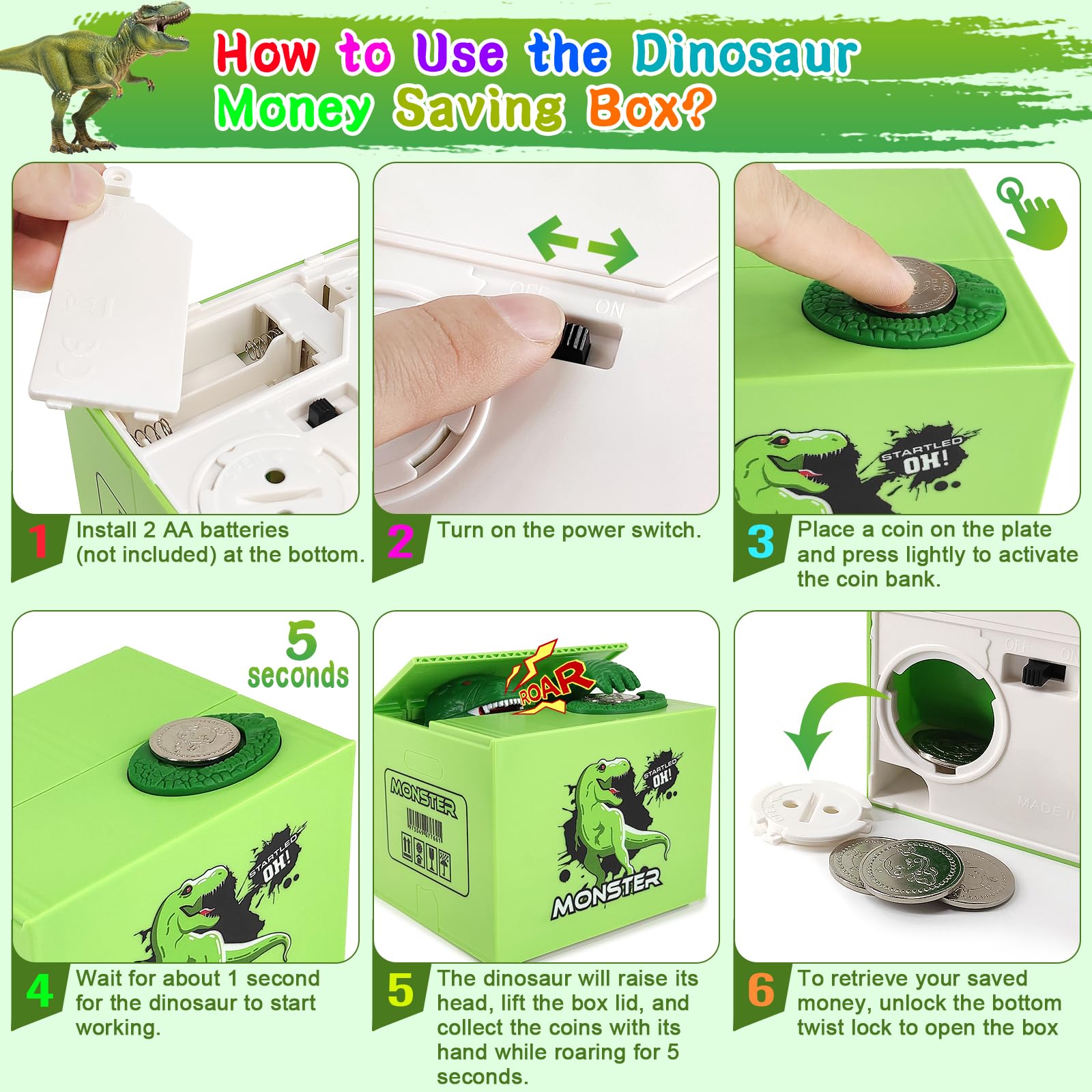 BBGISHO dinosaur bank emits a brief sound to engage kids during saving