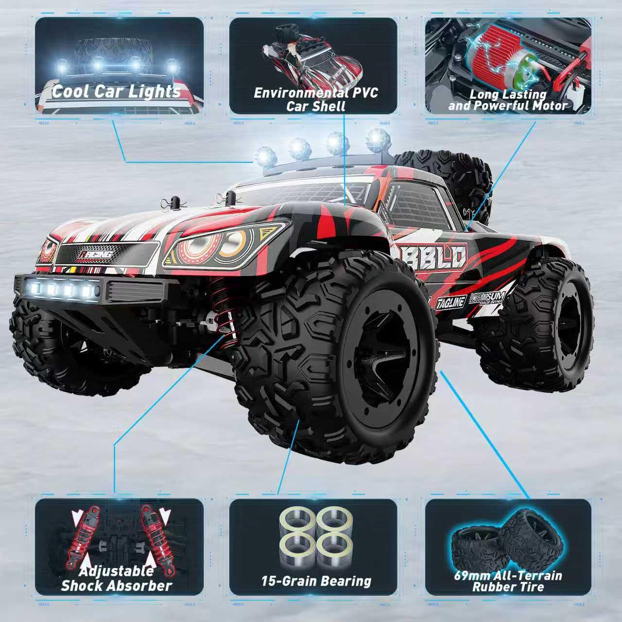 BBLD RC car wheel close-up with multi-terrain tires for traction
