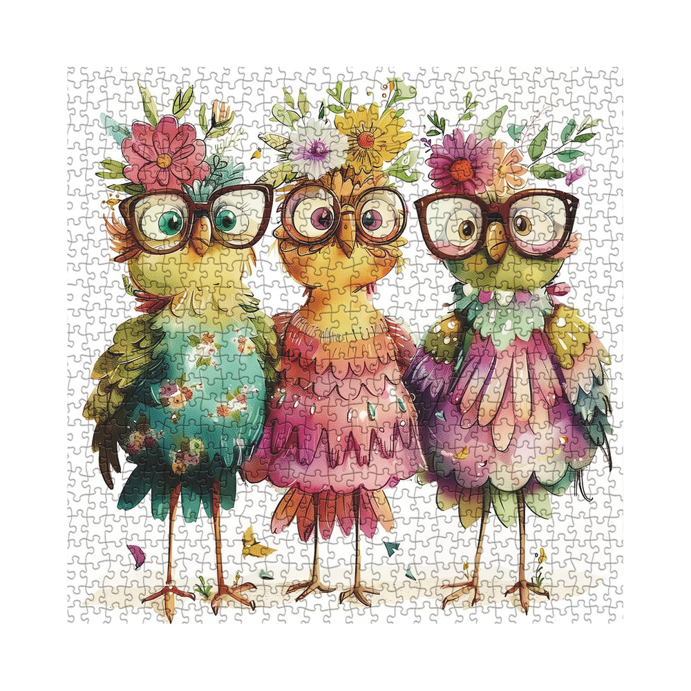 BBOLDIN chickens with floral crowns ready for a cozy evening puzzle session.
