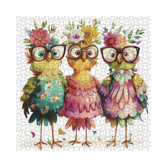 BBOLDIN chickens with floral crowns ready for a cozy evening puzzle session.