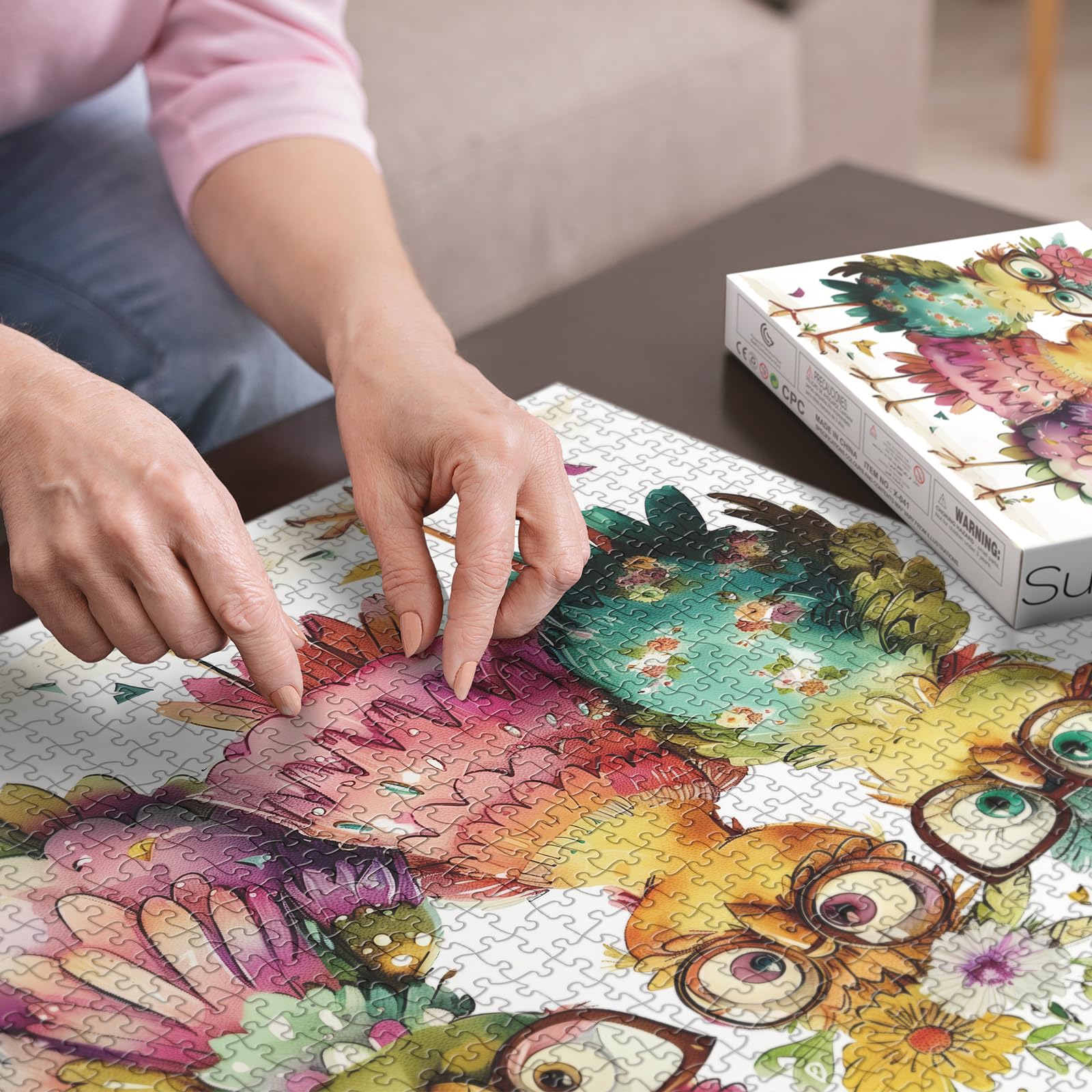 BBOLDIN chicken puzzle with oversized glasses, playful art for relaxation.
