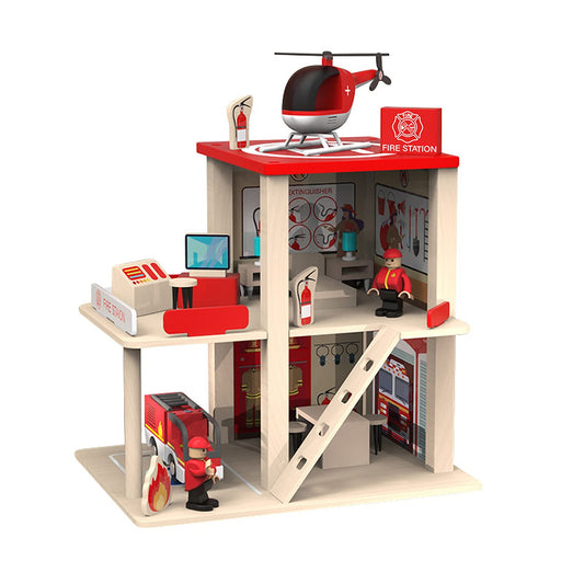 BBtinker wooden fire station playset, front view in a colorful three-level design for imaginative pretend play.