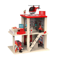 BBtinker wooden fire station playset, front view in a colorful three-level design for imaginative pretend play.