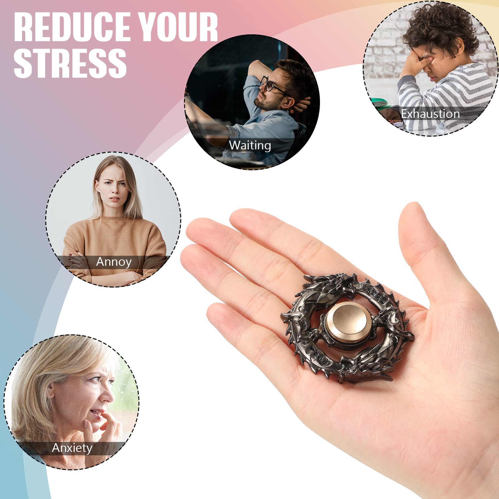 BBTO dragon fidget spinner on desk, convenient stress release